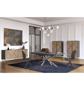 SEIDE - Table pieds central plateau céramique, 2 allonges...