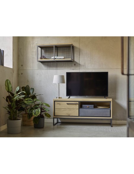 LINEA - Meuble tv 1 porte bois - 1 tiroir béton - 1 niche