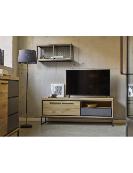 LINEA - Meuble tv 2 portes bois - 1 tiroir béton - 1 niche