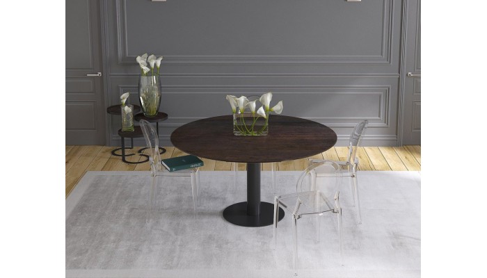 UNA - Table de repas extensible deux allonges intégrées pied central acier laqué noir