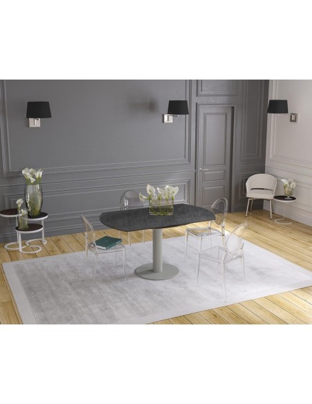 UNA - Table de repas extensible deux allonges intégrées pied central acier laqué gris